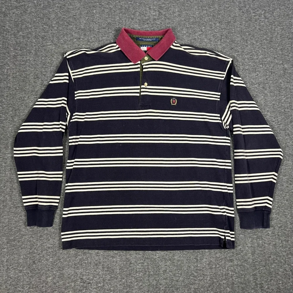 Vintage Tommy Hilfiger Rugby Polo Shirt Mens Large Navy Blue Striped Long Sleeve